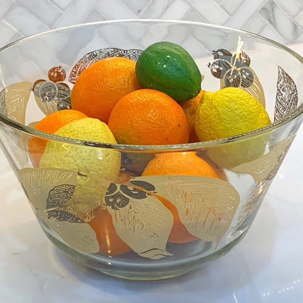 Vintage MCM Salad Bowl -Gold Leaf and Berries -Large